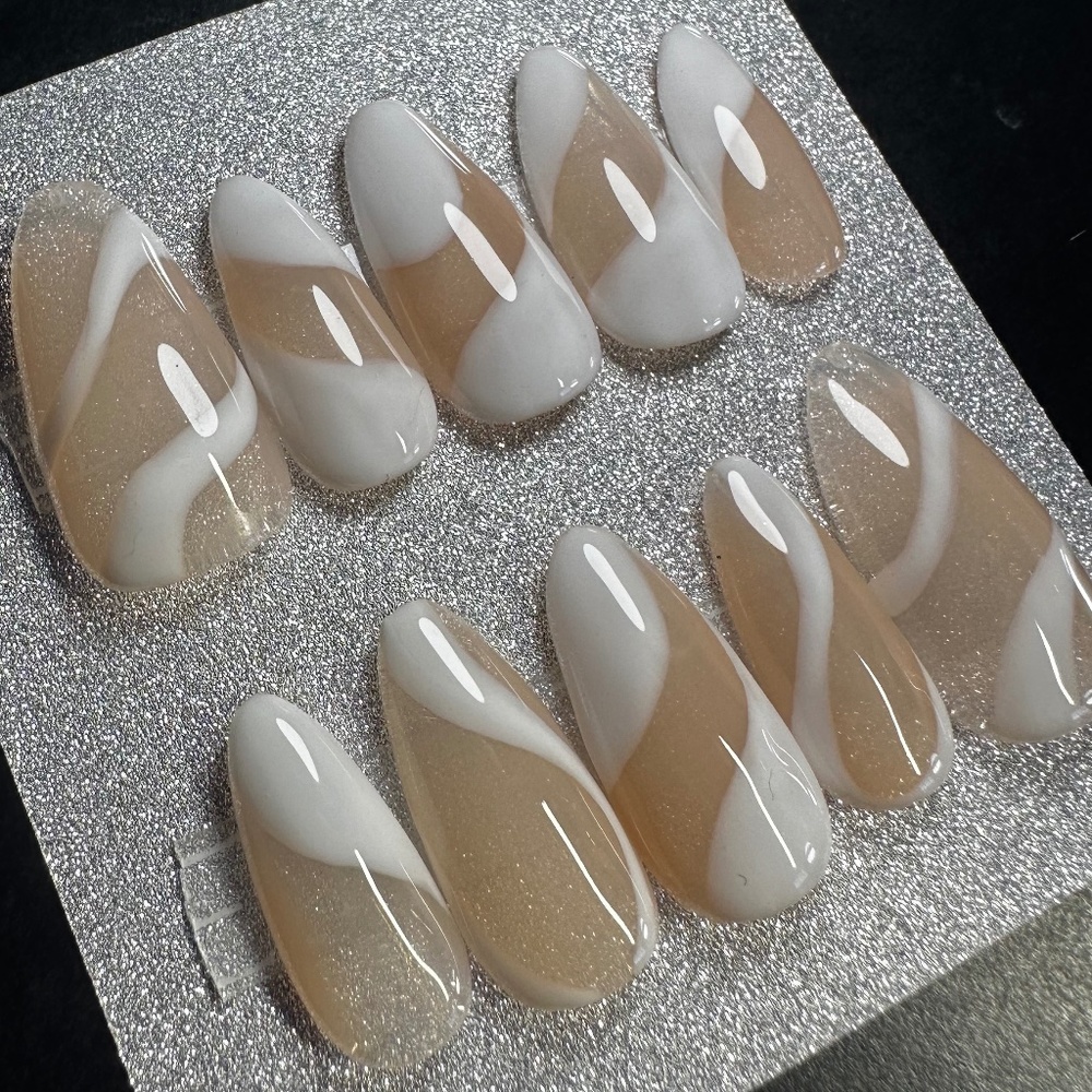 Medium almond white swirl handmade press on nails